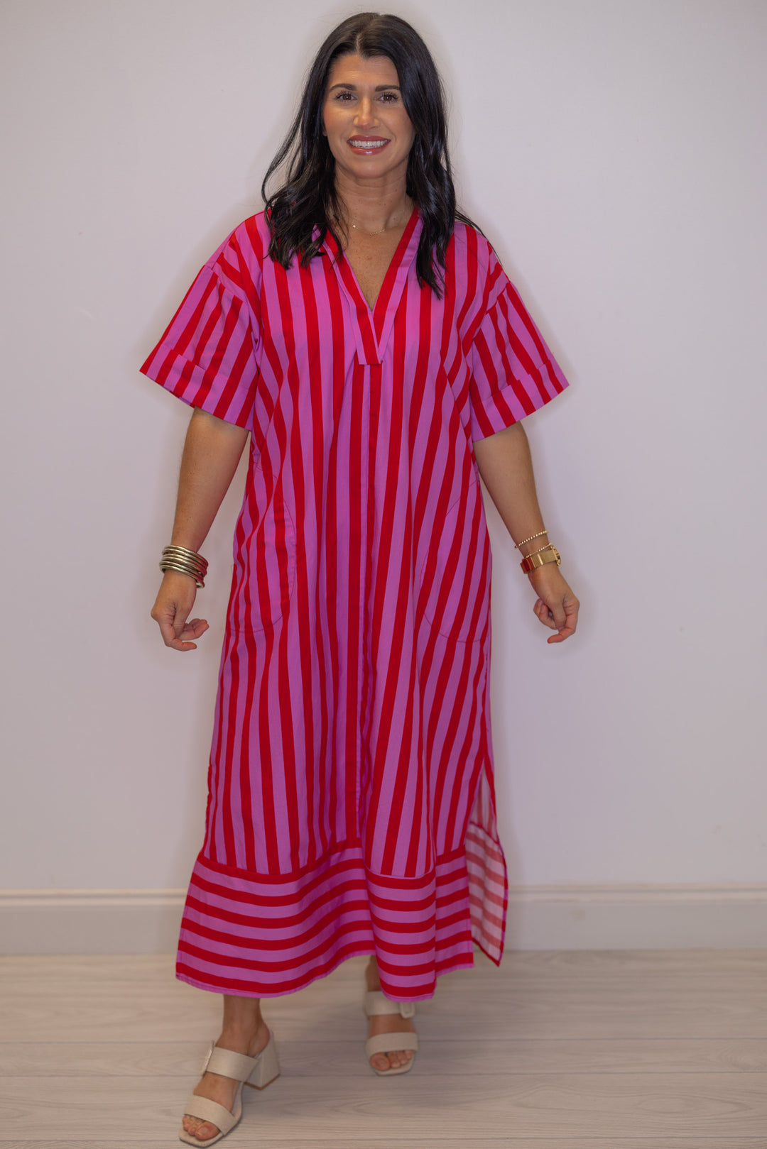 Women's red and pink striped midi dress by Entro