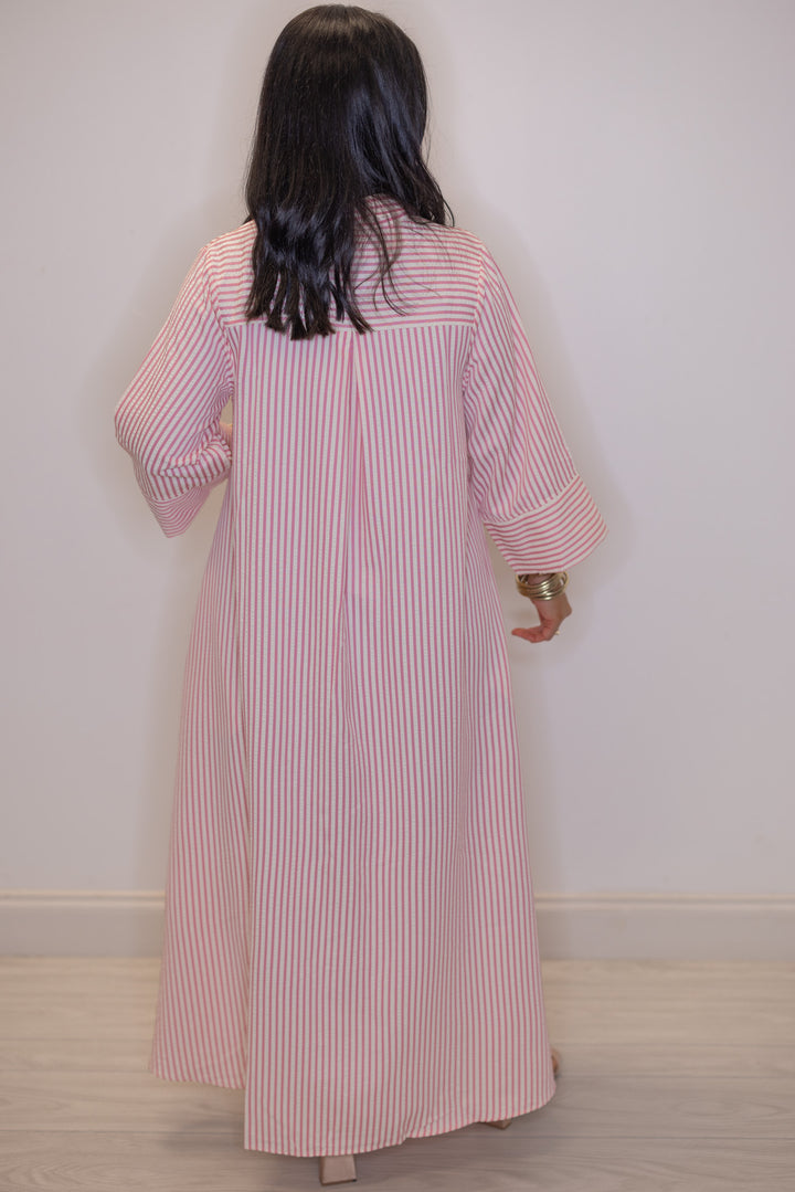 Women's striped light pink maxi dress by Entro showing full back view