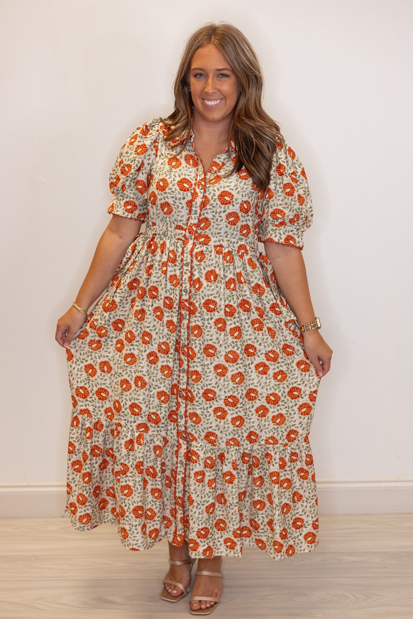 Rust Floral Midi Dress | Purple Door Boutique | Commerce GA