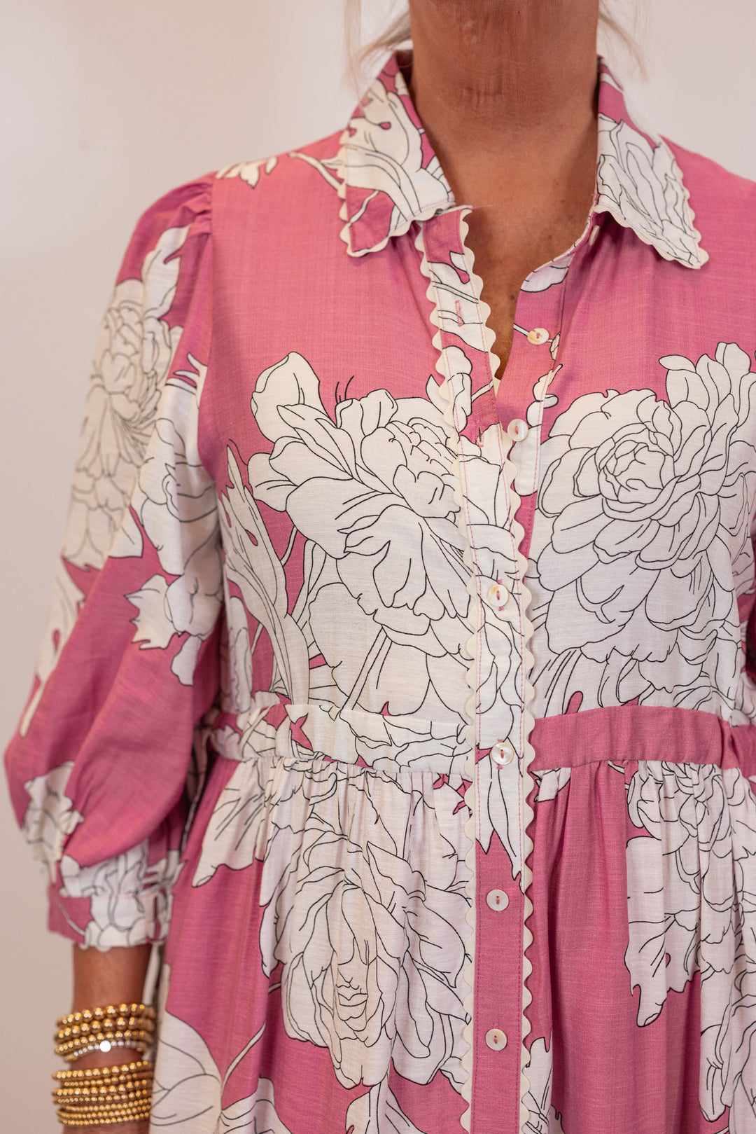 pink white floral collared midi dress