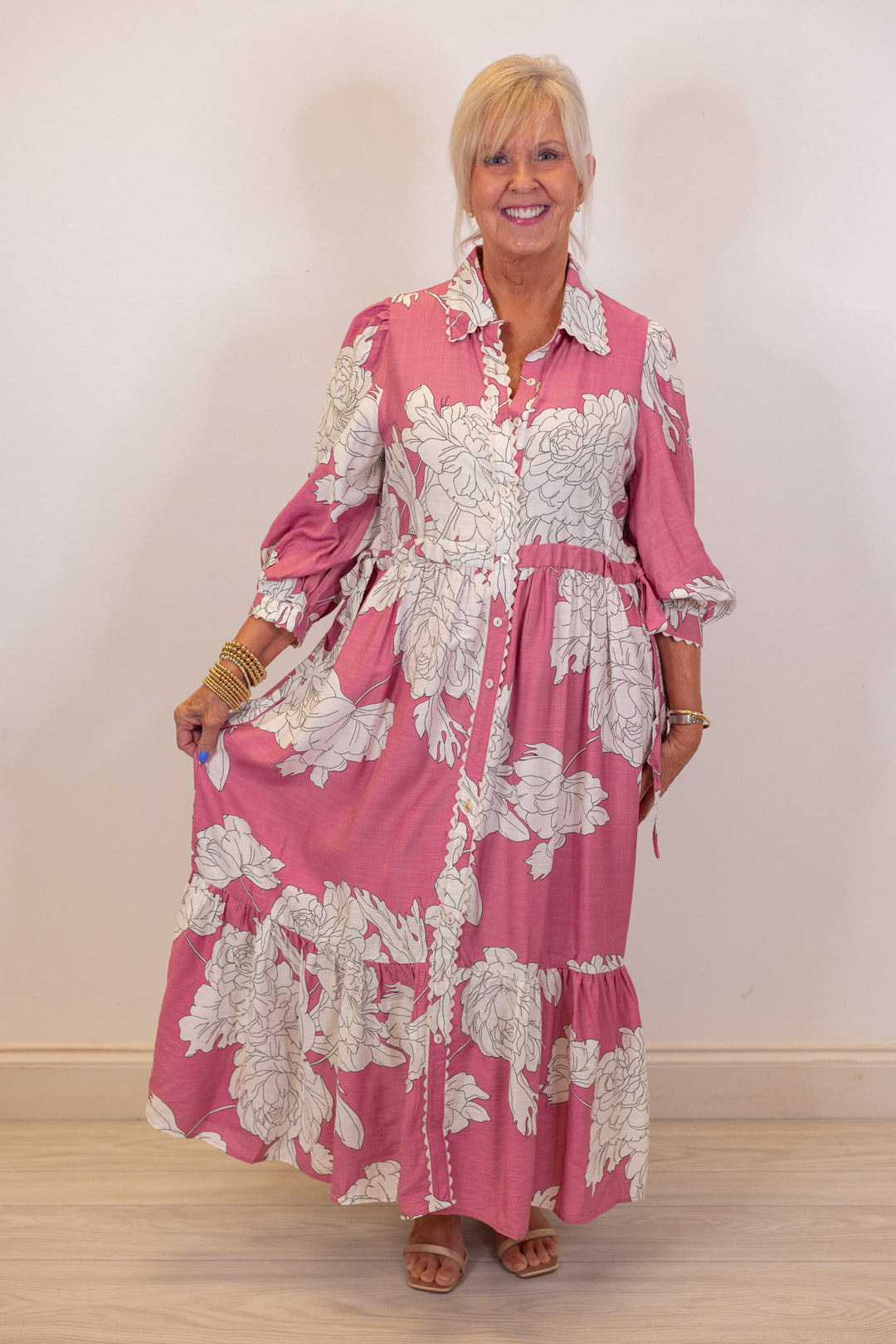 pink white floral collared midi dress