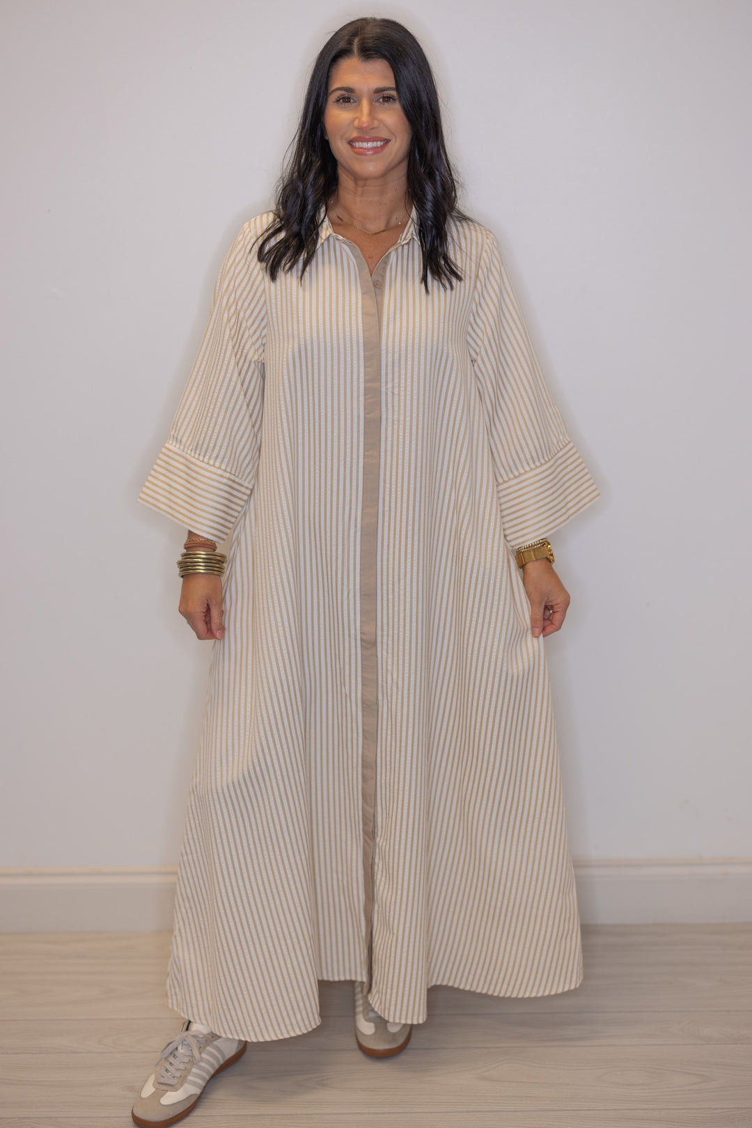 Women's striped light beige maxi dress by Entro