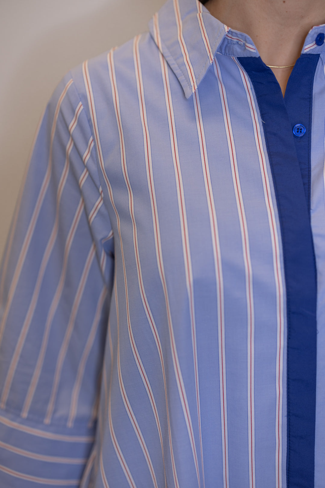 Women's collared blue, white and red striped dress by Entro 