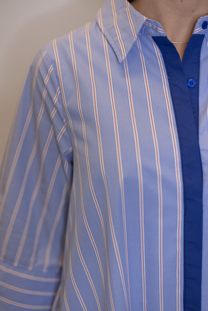 Women's collared blue, white and red striped dress by Entro 