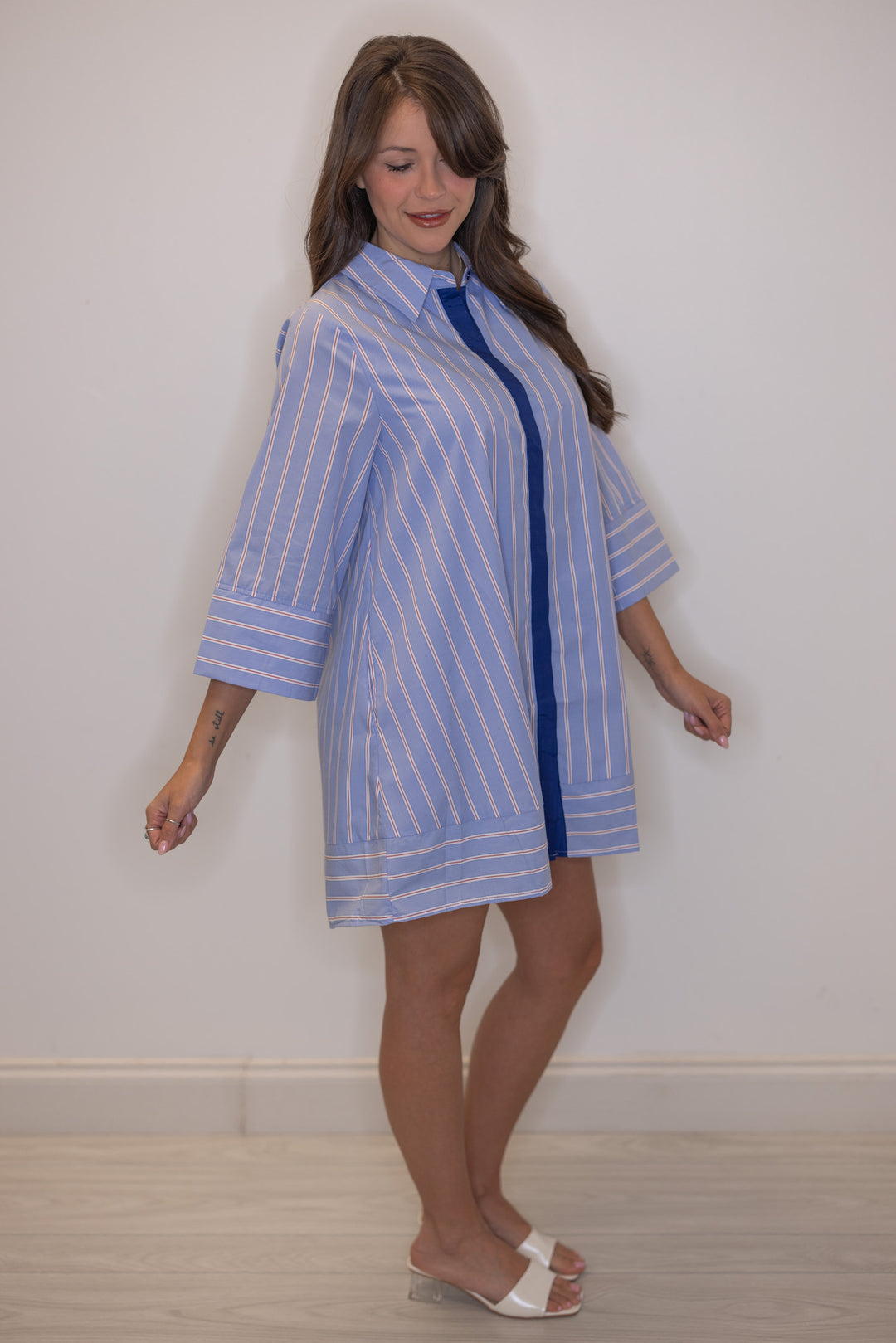 Women's blue, white and red striped dress with navy center trim by Entro, great for women of all ages