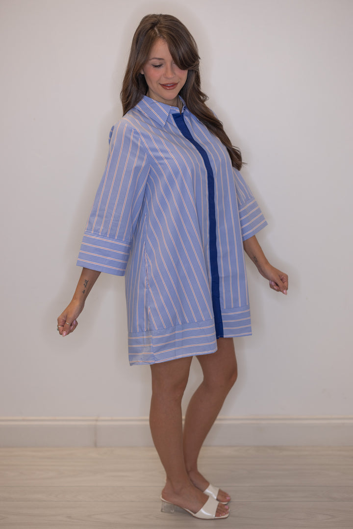 Women's blue, white and red striped dress with navy center trim by Entro, great for women of all ages