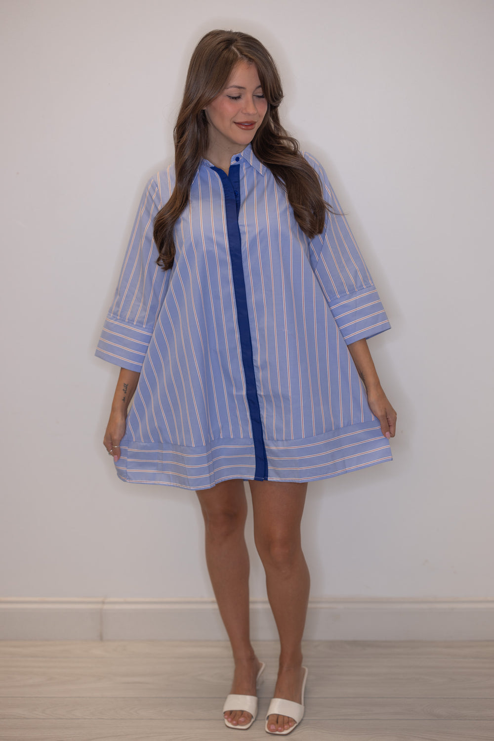 Women's blue, white and red striped dress with navy center trim by Entro, perfect for the office