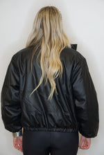 black leather puffer bomber jacket