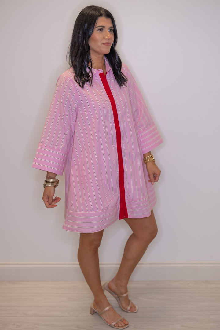 Women's pink and white striped dress with hot pink center trim by Entro, great for the office