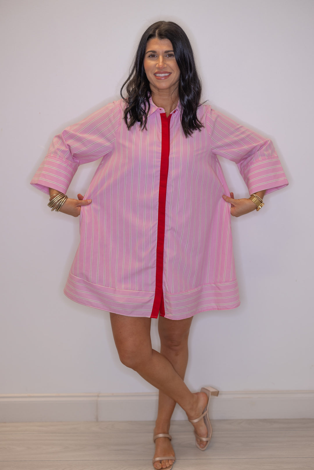 Women's flowy pink and white striped dress with hot pink center trim by Entro 