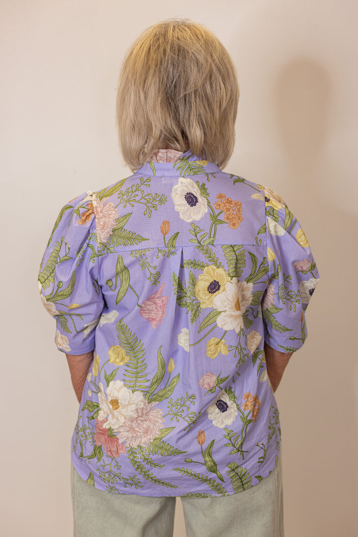 lavender floral linen button up top
