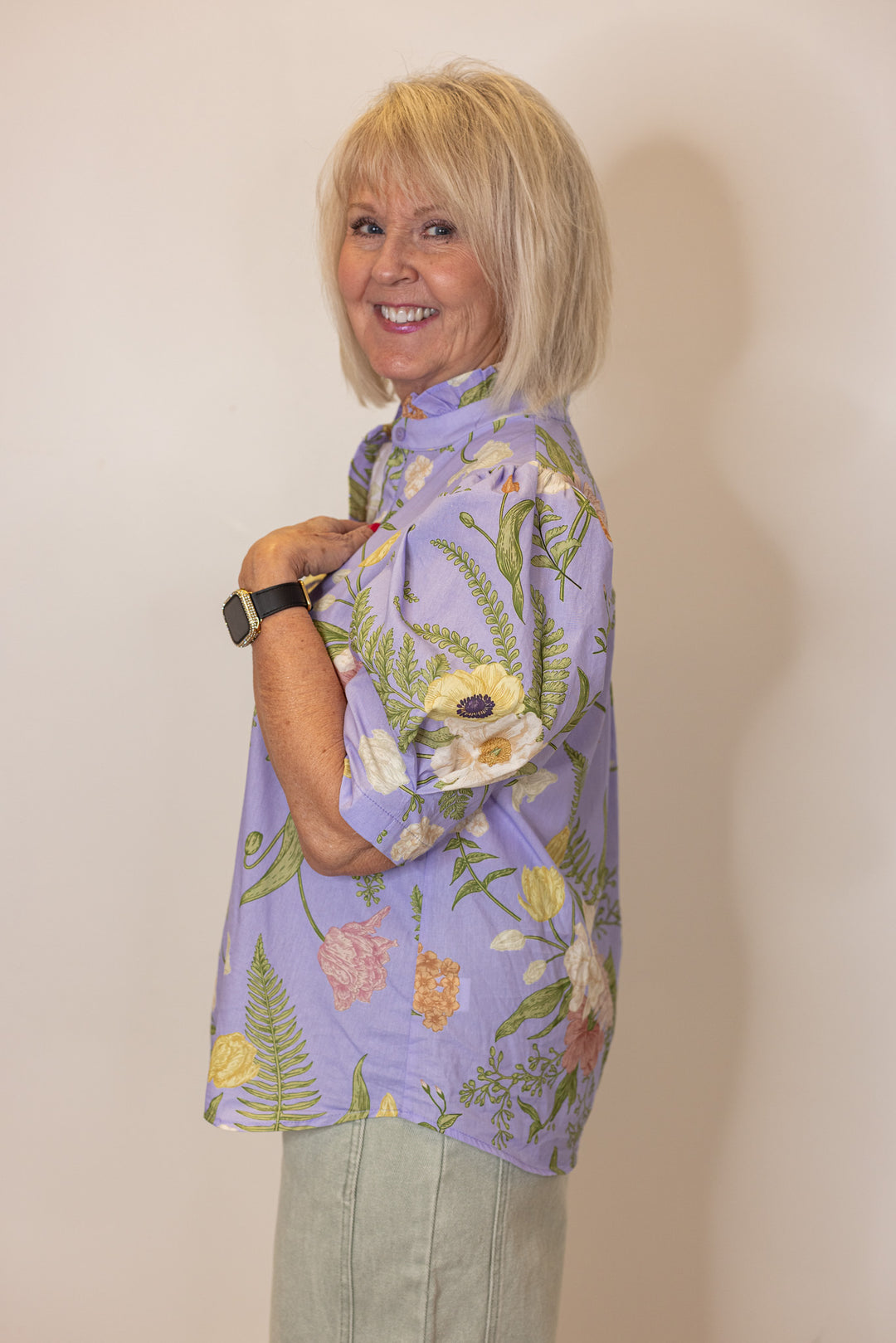 lavender floral linen button up top