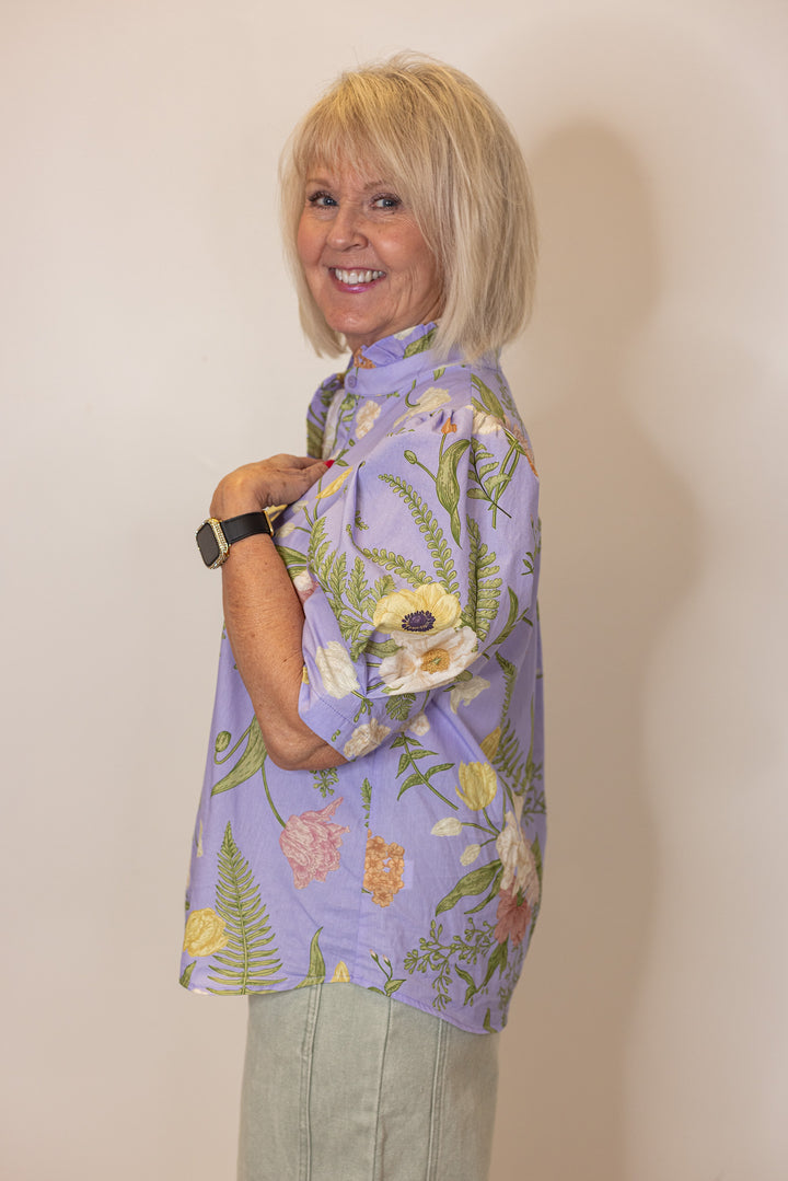 lavender floral linen button up top