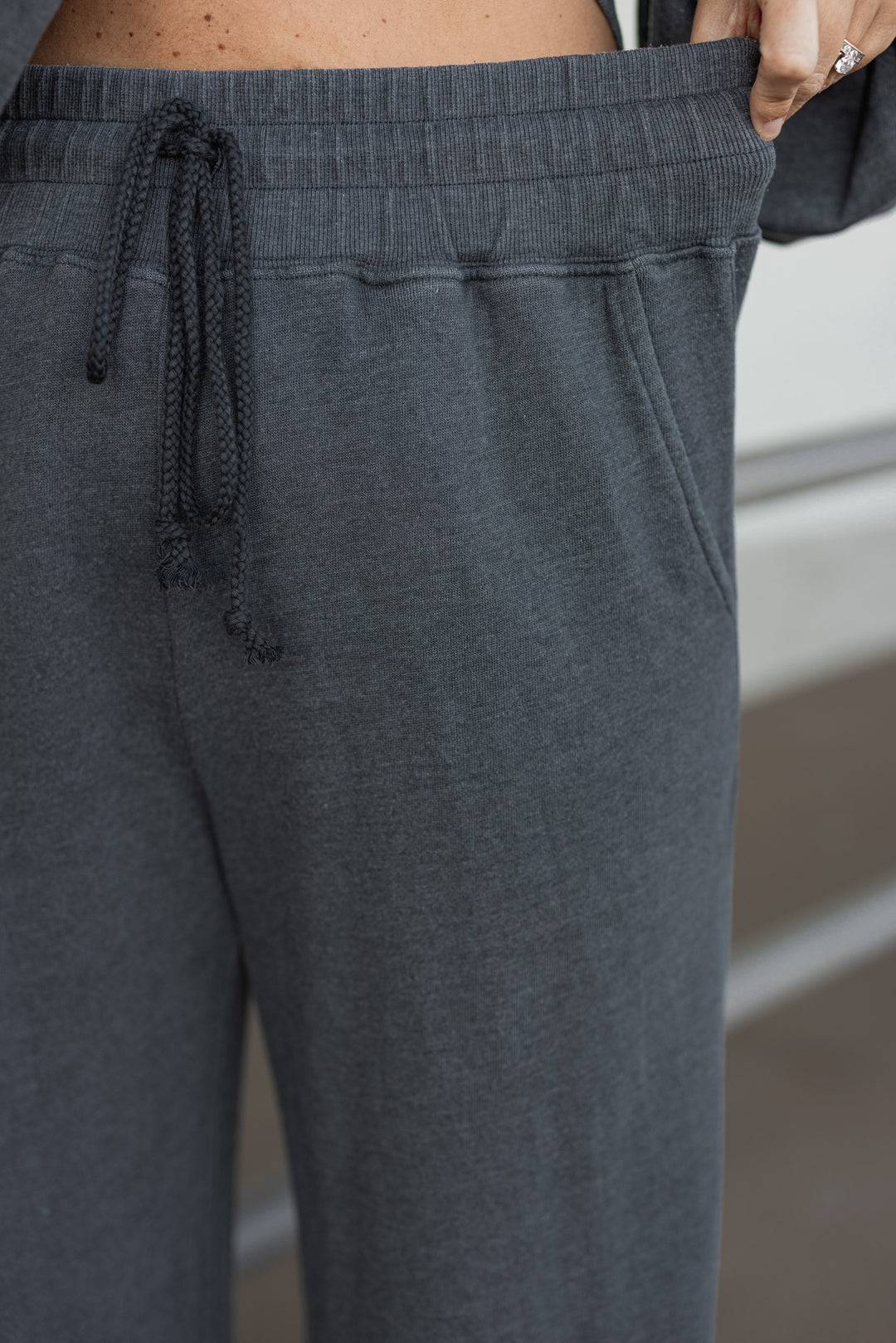 washed black cotton knit wide leg with wide elastic waistband