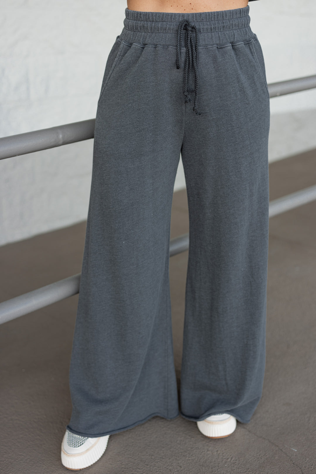 washed black cotton knit wide leg lounge pants