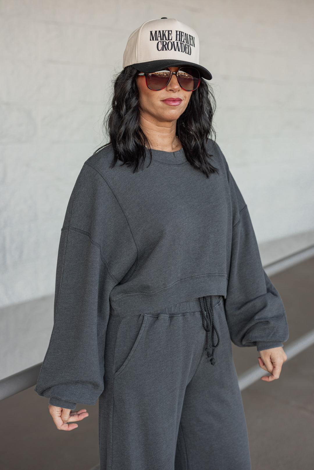 washed black knit cropped pullover top side view