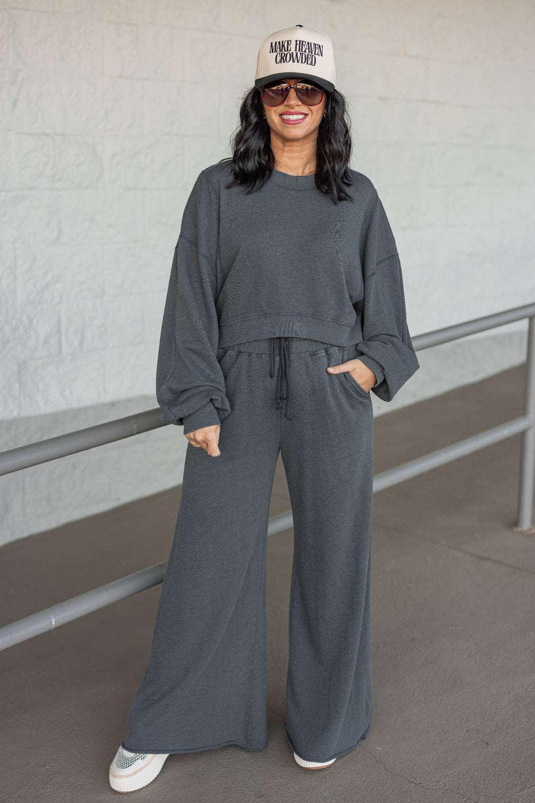 washed black cotton knit wide leg cropped pullover matching set