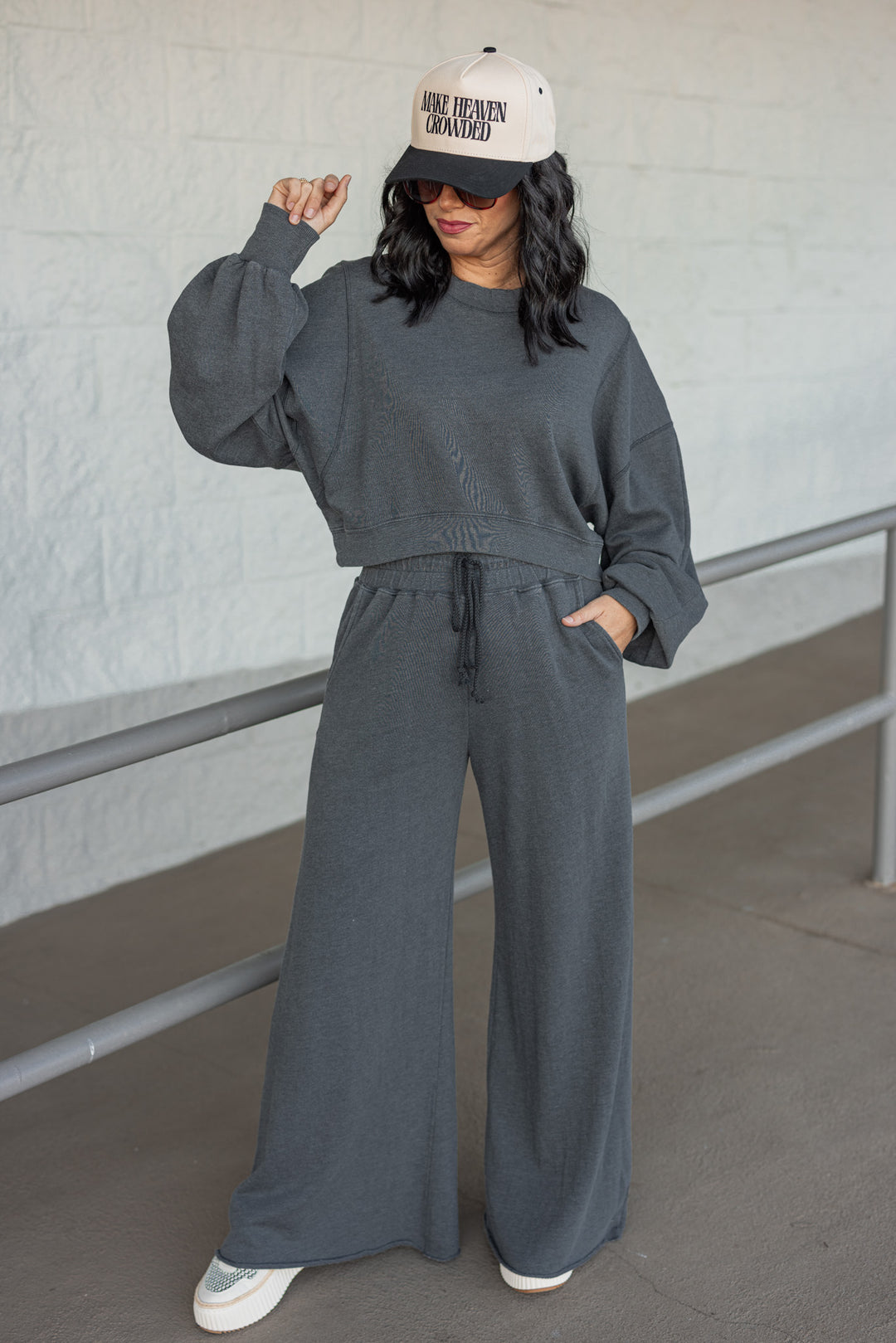 washed black cotton knit wide leg sweatpants lounge outfit