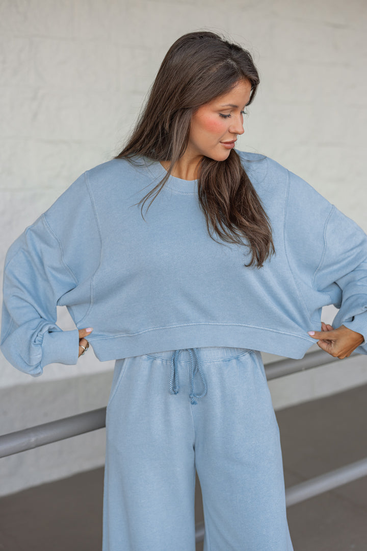 light blue terry knit cropped sweatshirt fit pic