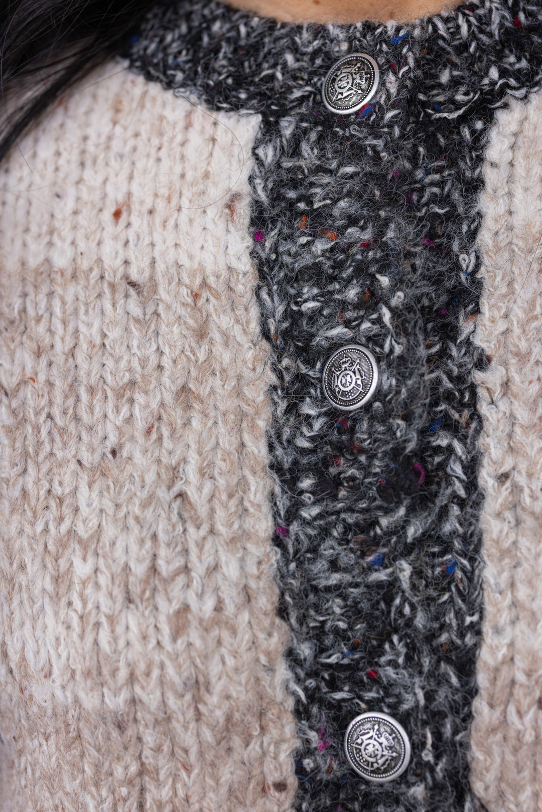 Women's multicolor taupe wide stripe button front sweater with charcoal trim by So Me showing button front closures