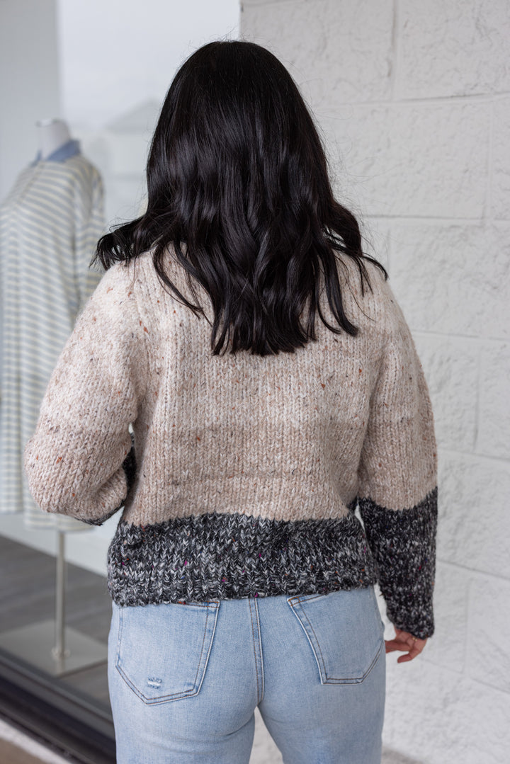 Women's multicolor taupe wide stripe button front sweater with charcoal trim by So Me showing up close back view