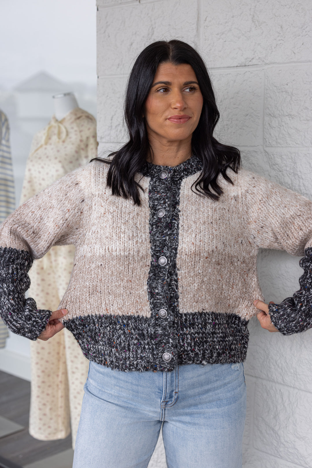 Women's multicolor taupe wide stripe button front sweater with charcoal trim by So Me showing true to size fit