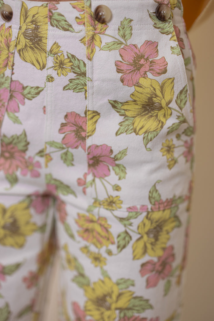 Women's cream twill denim wide leg pants in pink and yellow floral print by Entro showing close look at floral pattern