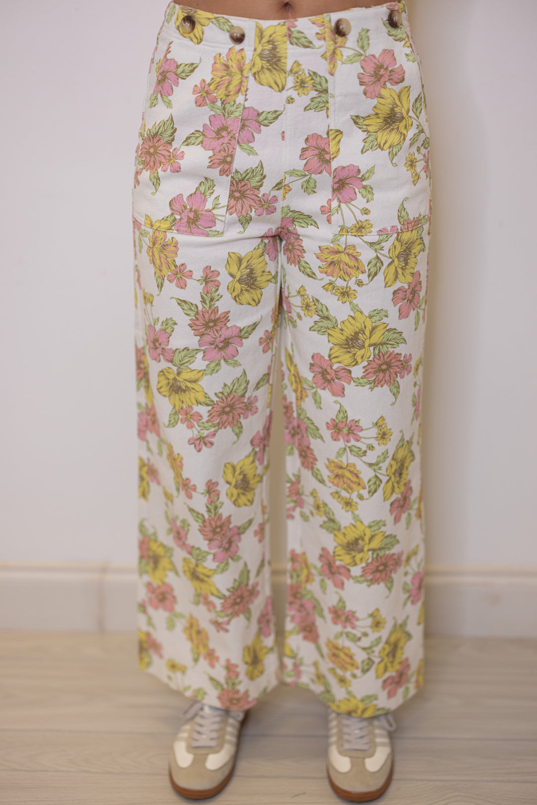 Women's cream twill denim wide leg pants in pink and yellow floral print by Entro