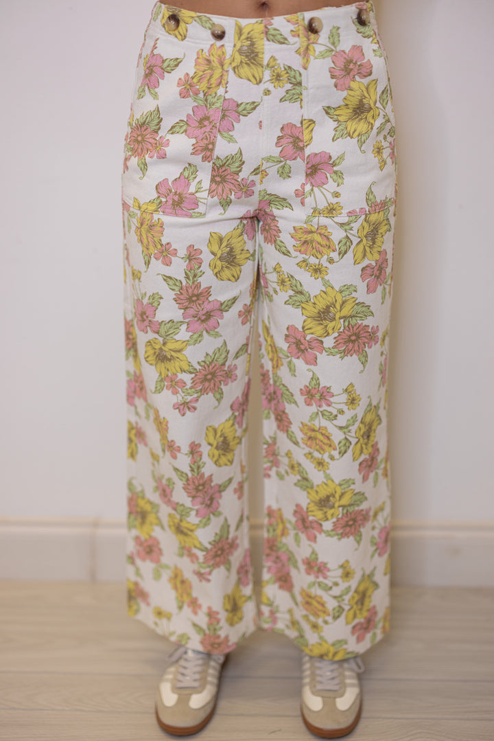 Women's cream twill denim wide leg pants in pink and yellow floral print by Entro