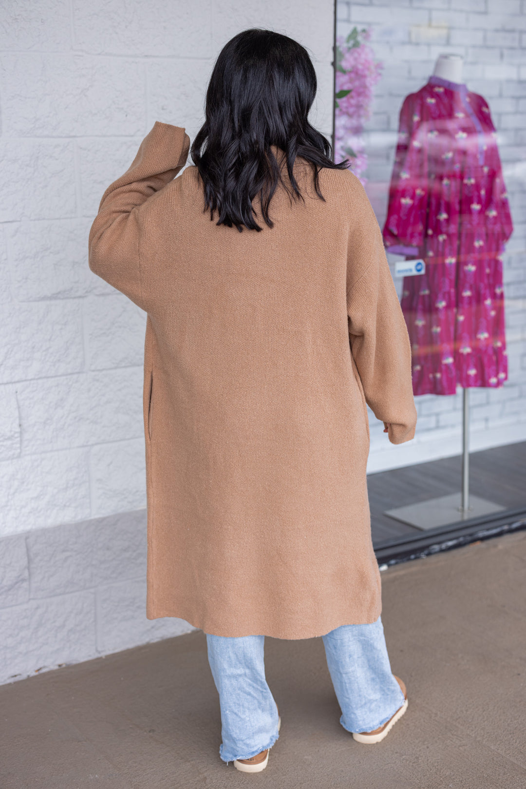 Women's dark taupe open front knit duster cardigan by Hyfve showing full back view