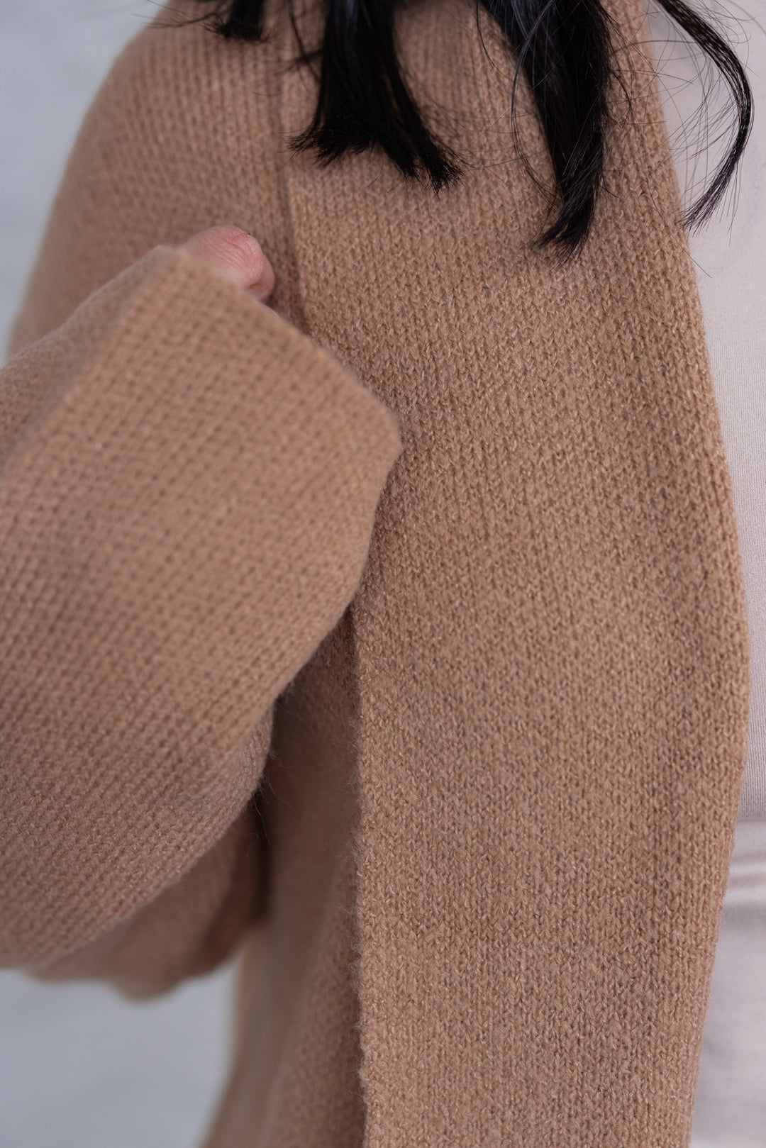 Women's dark taupe open front duster cardigan by Hyfve showing close look at knit texture