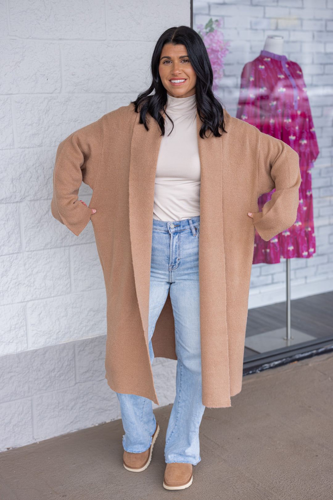 Women's dark taupe open front knit duster cardigan by Hyfve showing true to size fit