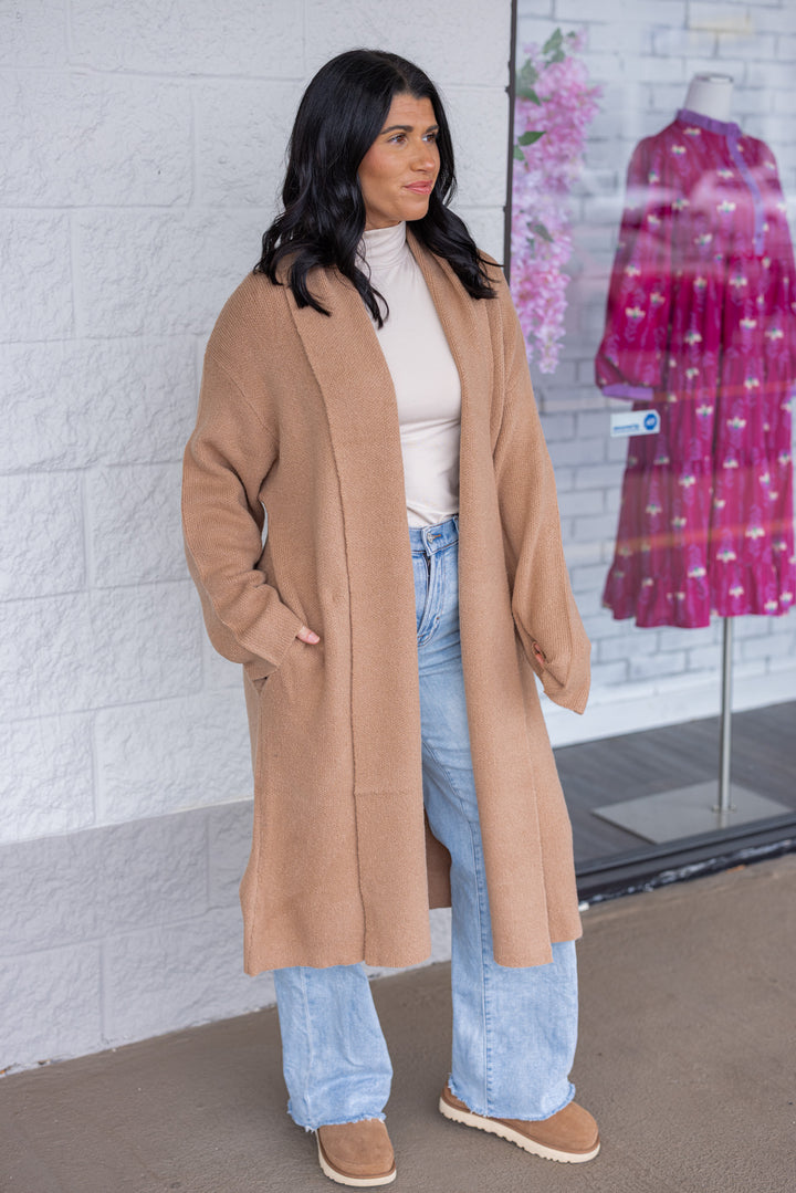 Women's dark taupe open front knit duster cardigan by Hyfve showing full view