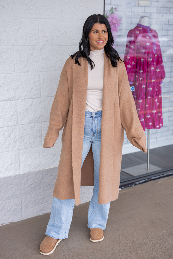 Women's dark taupe open front knit duster cardigan by Hyfve