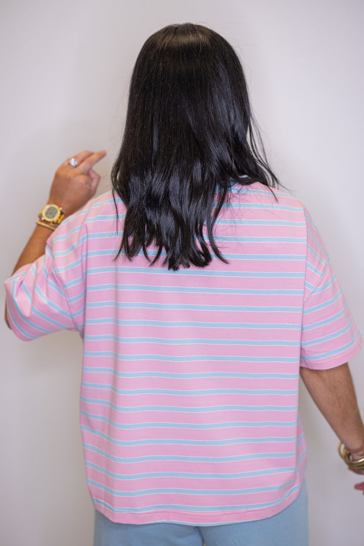 Women's pink and sky blue striped knit top by Wishlist showing up close back view