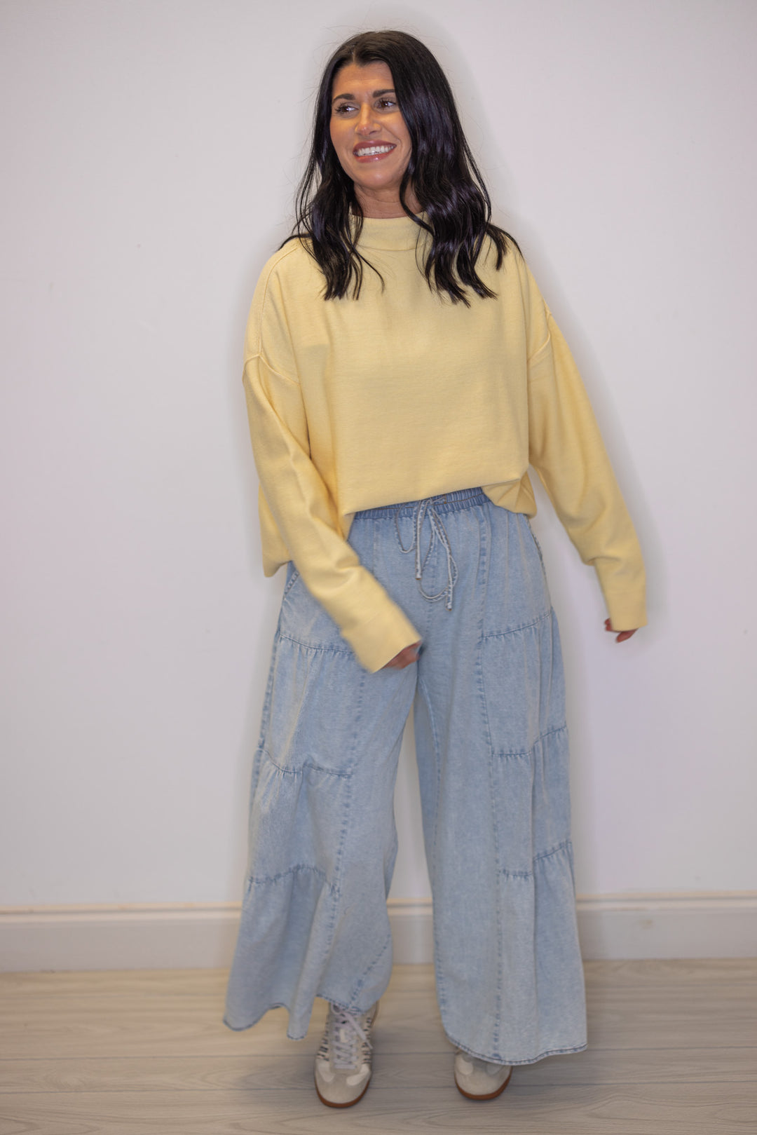 Butter yellow knit mock neck top, perfect for women of all ages