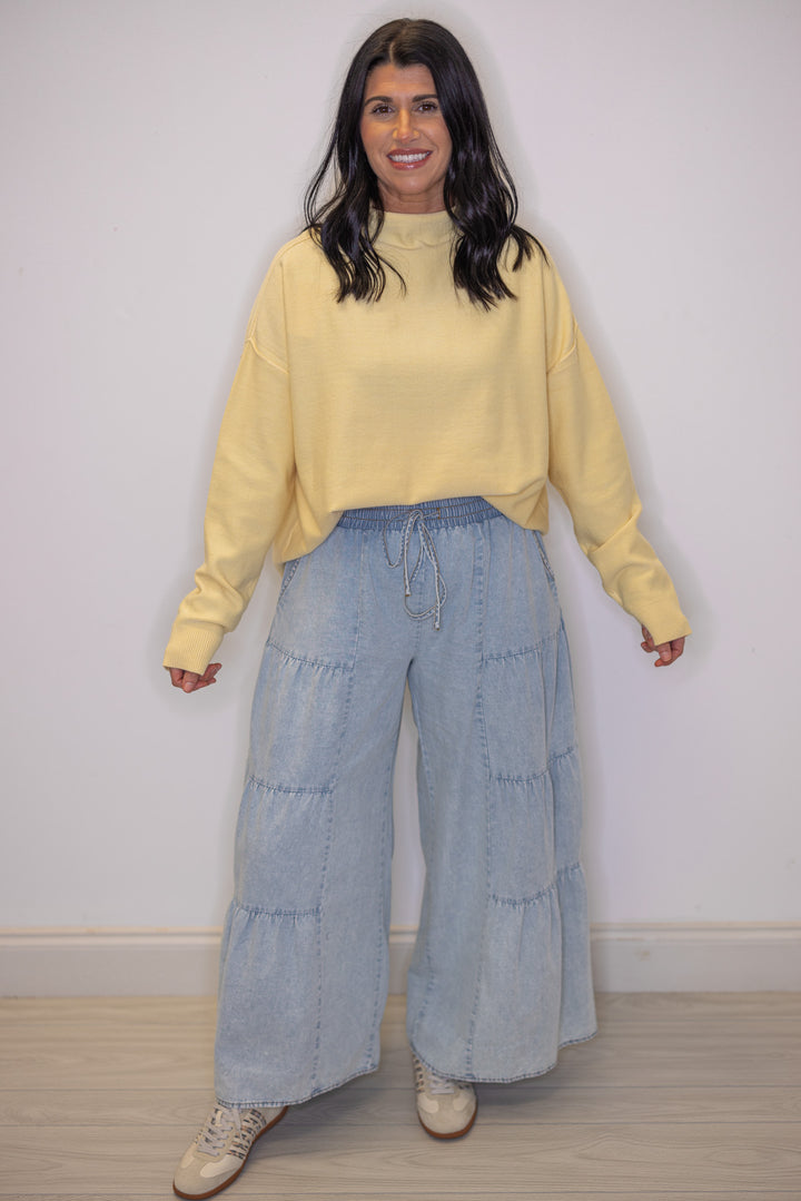 Women's butter yellow knit mock neck top, perfect for Spring transition outfits