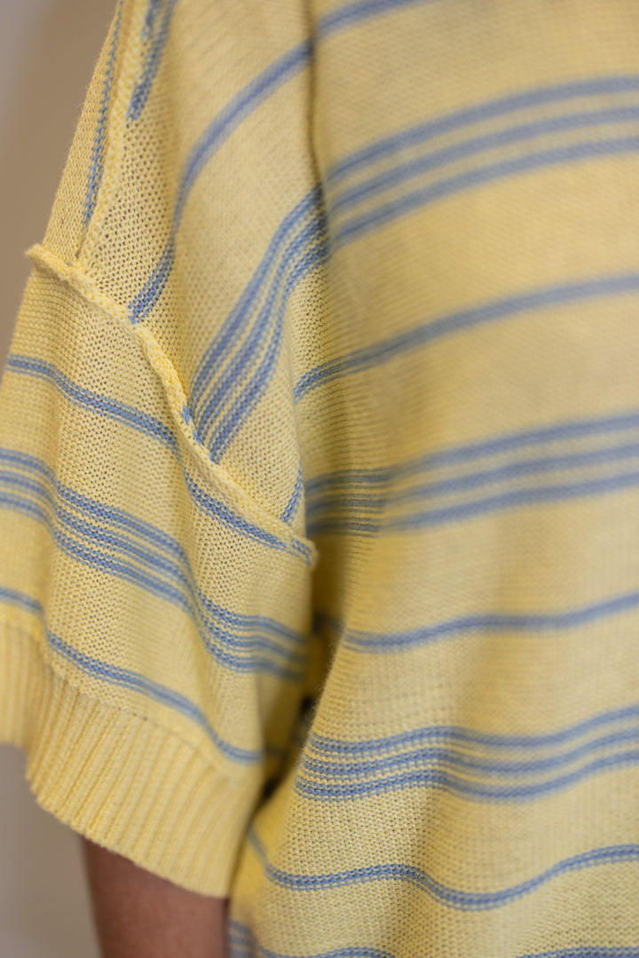 Women's lemon yellow sweater knit top with light blue stripes with 3/4 length sleeves