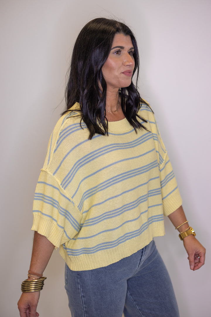 Women's lightweight lemon yellow sweater knit top with light blue stripes