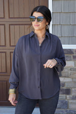 Womens charcoal grey button down blouse