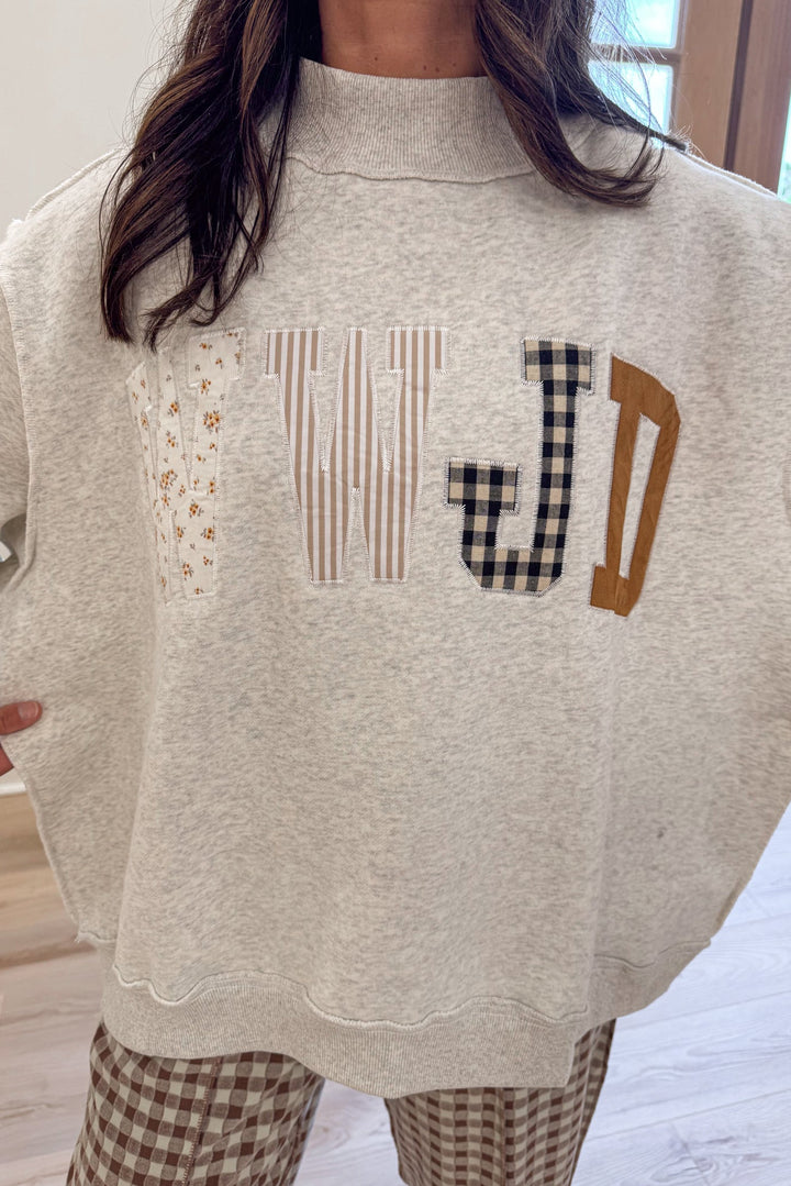 WWJD Embroidered Grey Mock Neck Sweatshirt
