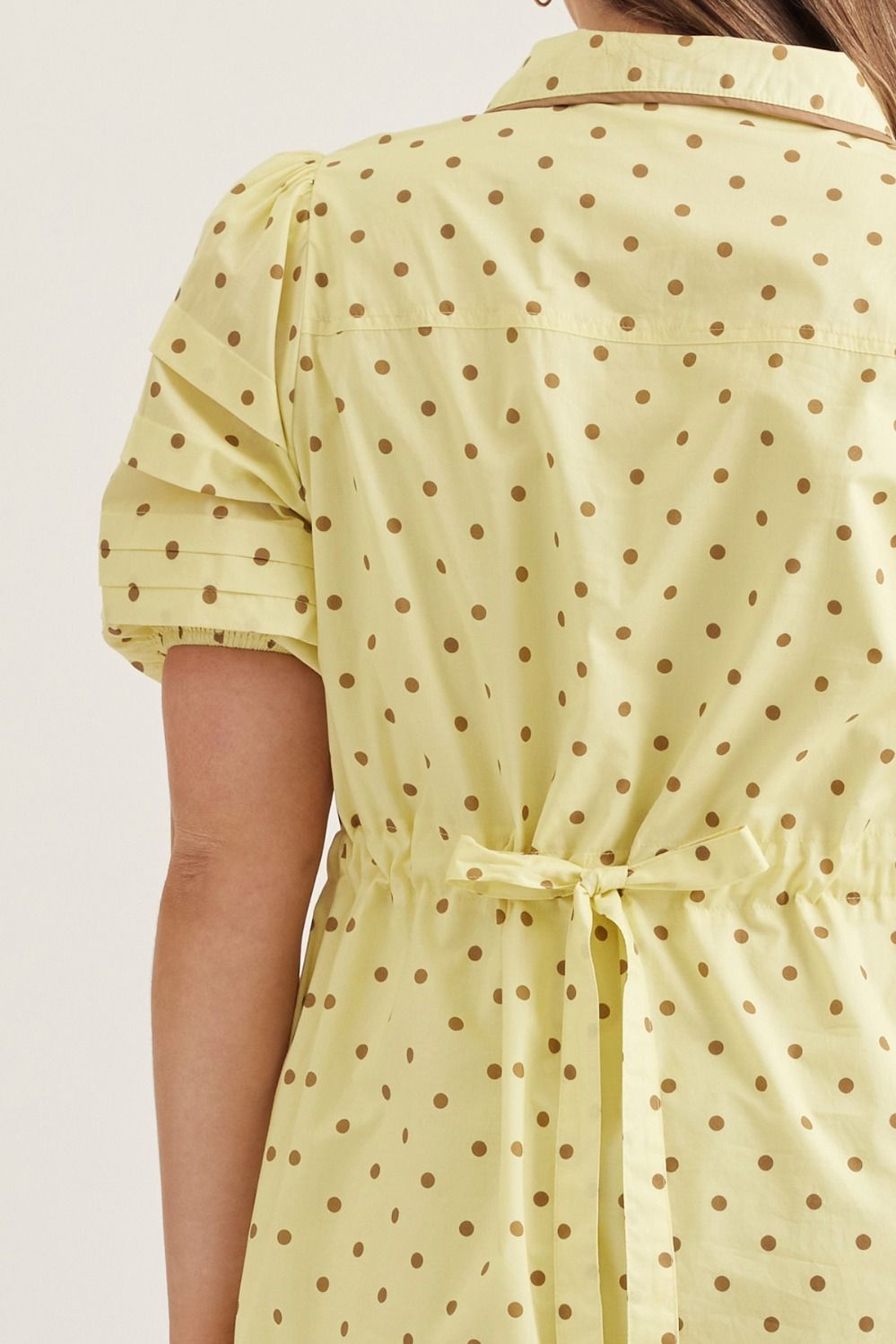 Entro Yellow And Brown Polka Dot Dress With Cinch Waist – Purple Door Boutique