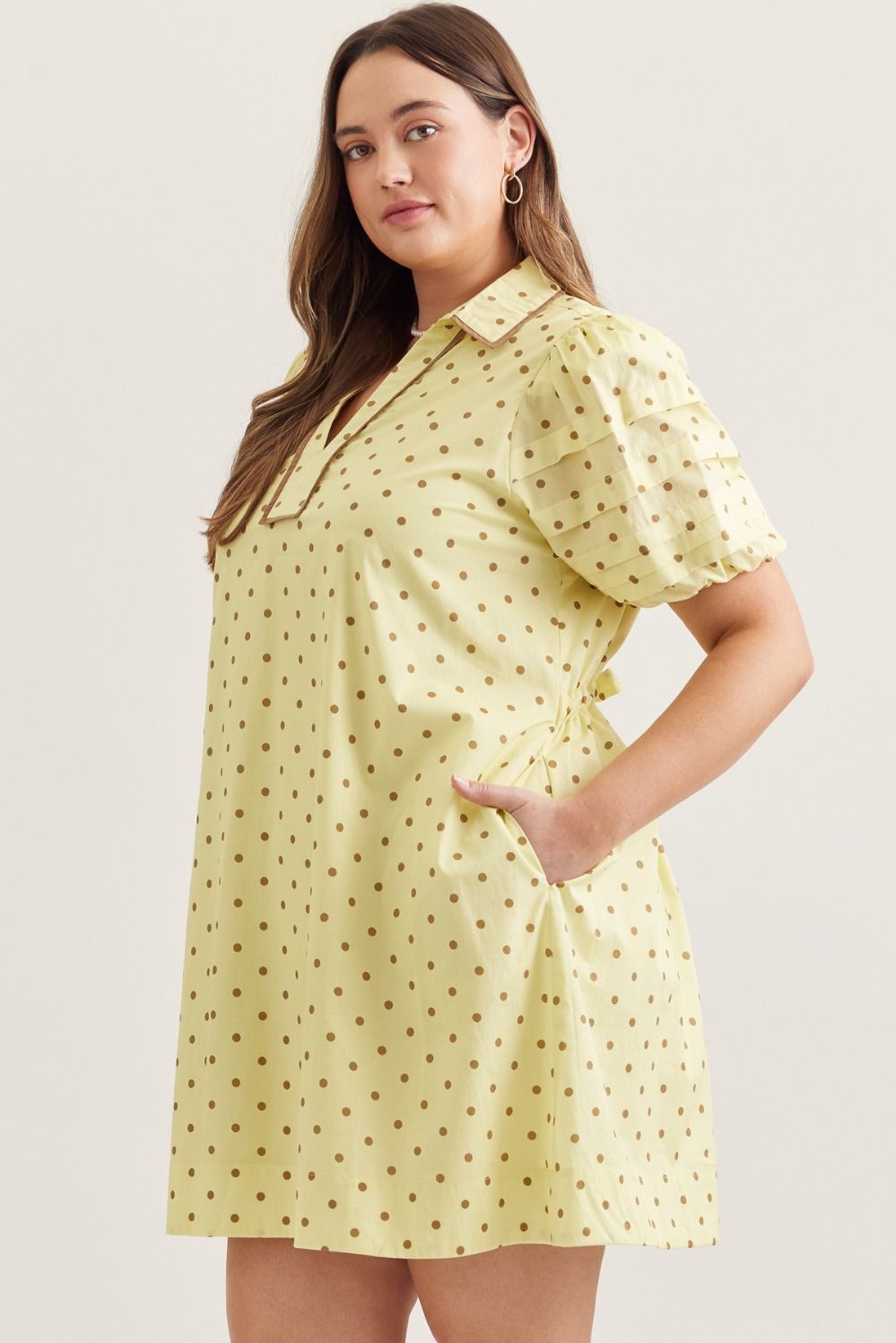 Entro Yellow And Brown Polka Dot Dress With Cinch Waist – Purple Door Boutique