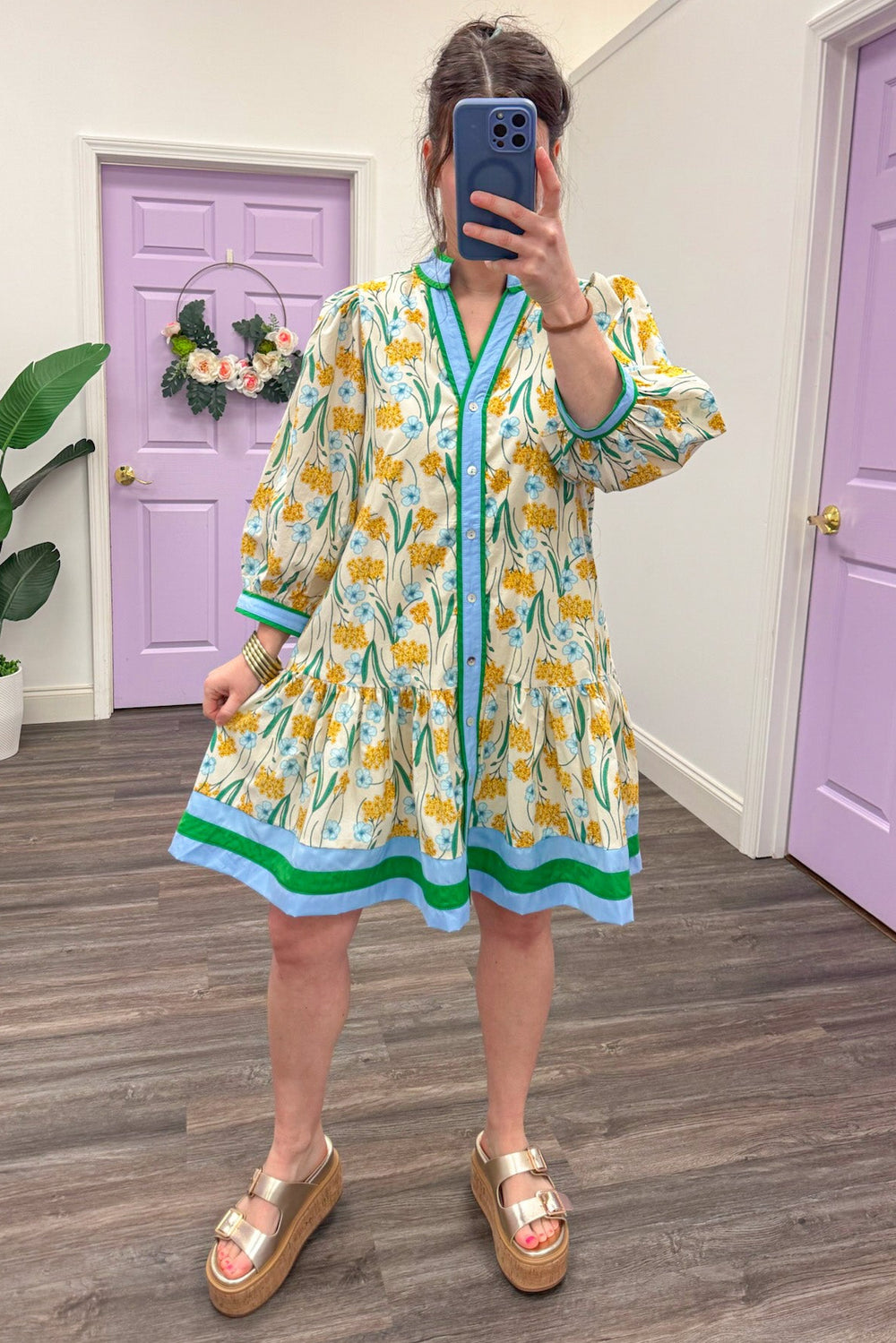 cream yellow floral blue green trim button down poplin dress