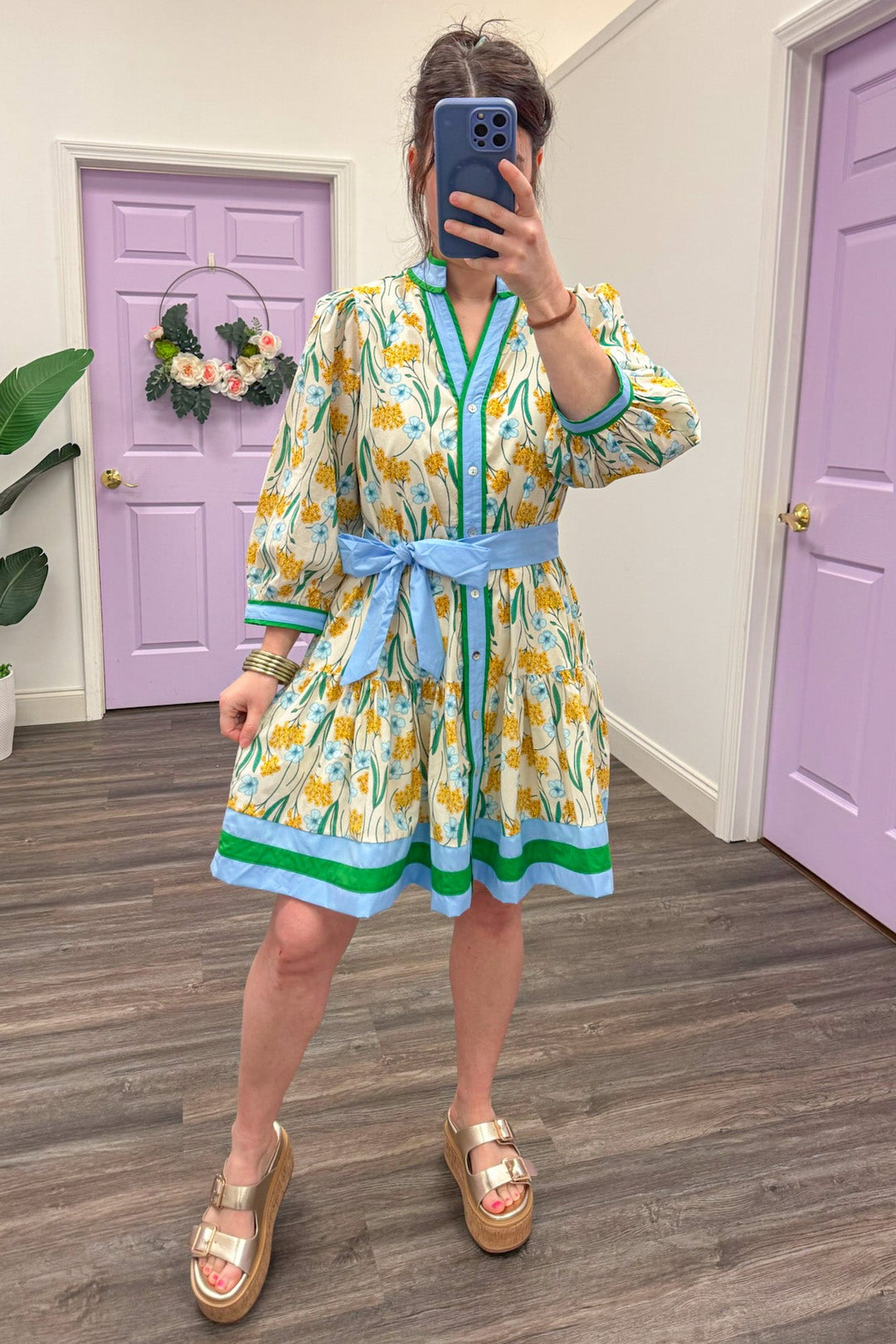 cream yellow floral blue green trim belted poplin dress