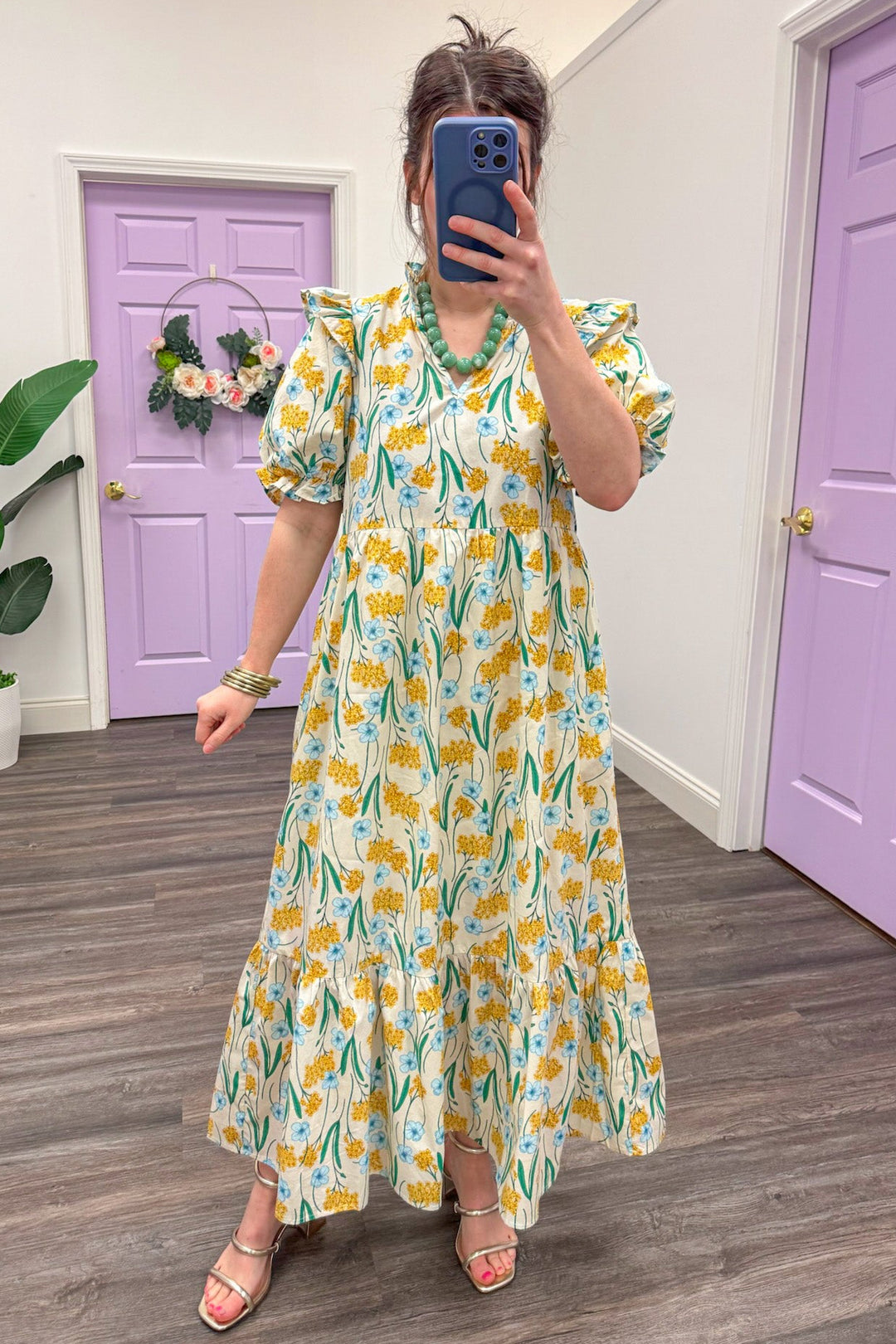 yellow and blue floral detail ruffled puff sleeve tiered cream midi dress