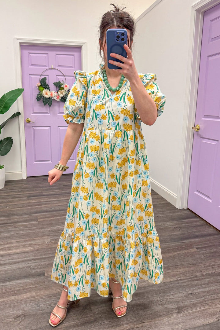 yellow and blue floral detail ruffled puff sleeve tiered cream midi dress