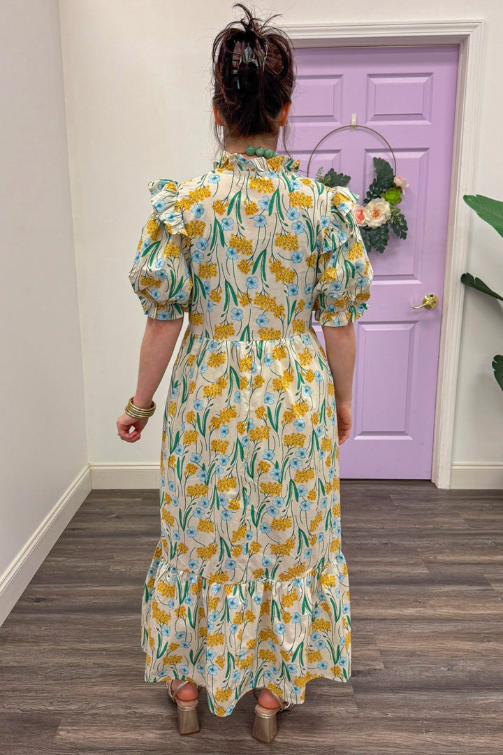 yellow and blue floral detail cream midi dress back view