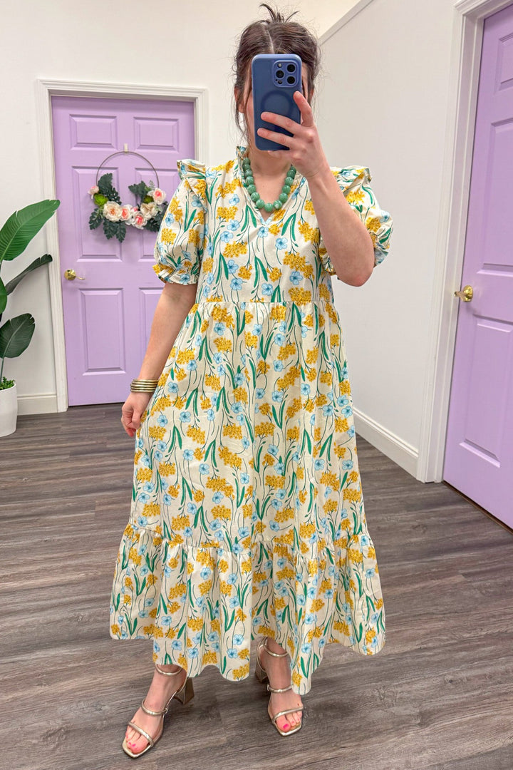 yellow and blue floral detail v neck tiered cream midi dress