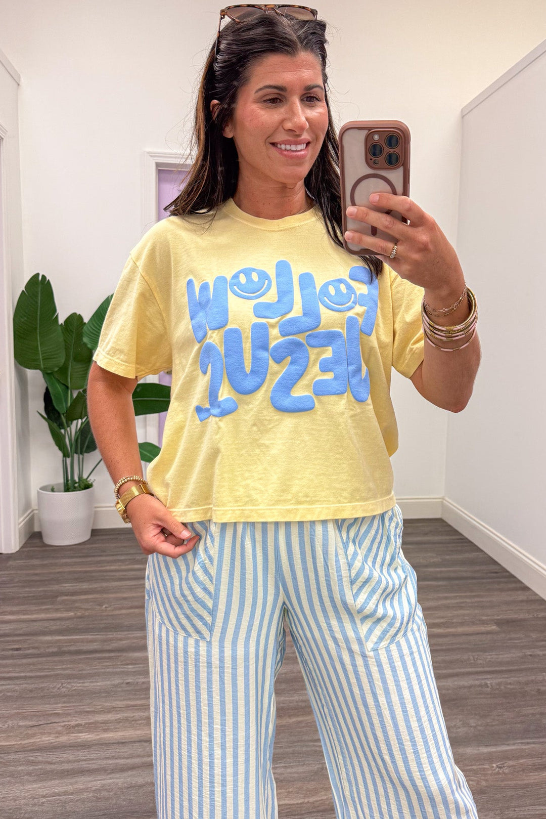 yellow with blue follow jesus smiley face graphic short sleeve cropped t-shirt